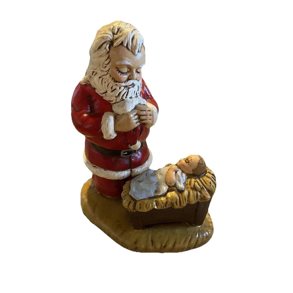 VTG 1984 Provincial Ceramic Mold Santa Claus Kneeling Over Baby Jesus Figurine